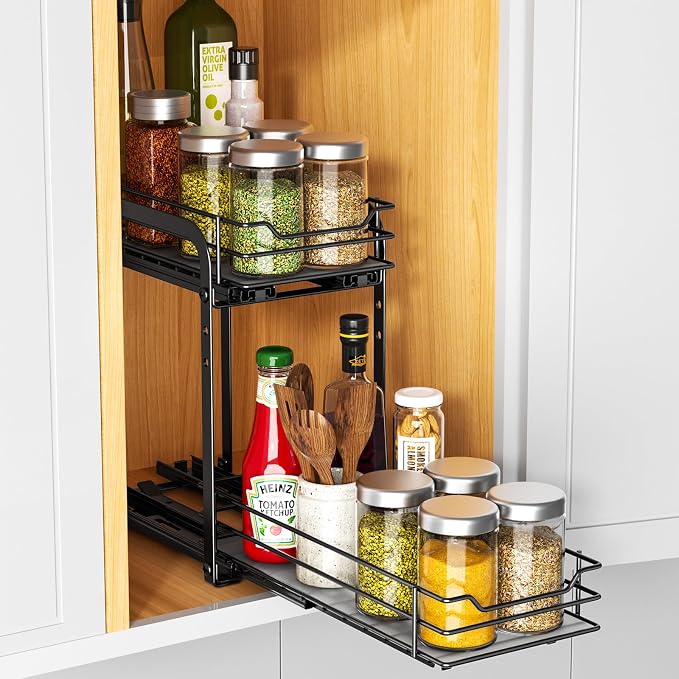 RCHYFEED 2 Tier Pull Out Spice Rack for Inside Cabinets,5.5" Wx10.5 Dx9.5 H | Height Adjustable Spice Cabinet Organizer Heavy Duty Metal Pull Out Spice Rack Vertical Spice Shelf for Cabinets & Pantry