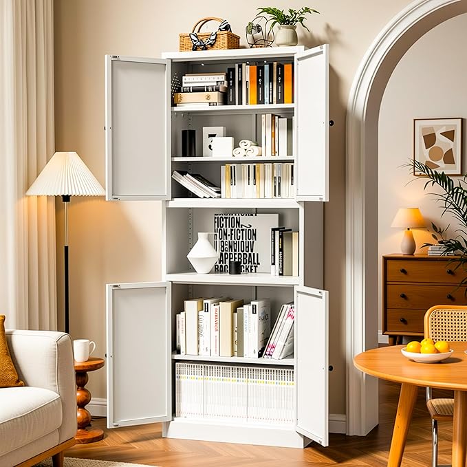 AQY Kitchen Pantry Cabinet,72" White Pantry Cabinet 3-Tier Adjustable Shelves 4 Doors, Freestanding Cupboard with Microwave Stand, Metal Cabinet with Handle for Living Room Kitchen Assembly Required