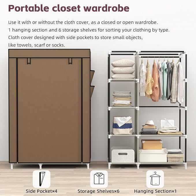 Calmootey Portable Closet Organizer, Space-Saving Storage System for Home | Sturdy Rod for Coats, 6 Shelves for Folded Clothes, 4 Side Pockets for Small Items, Non-Woven Dustproof Cover, Brown