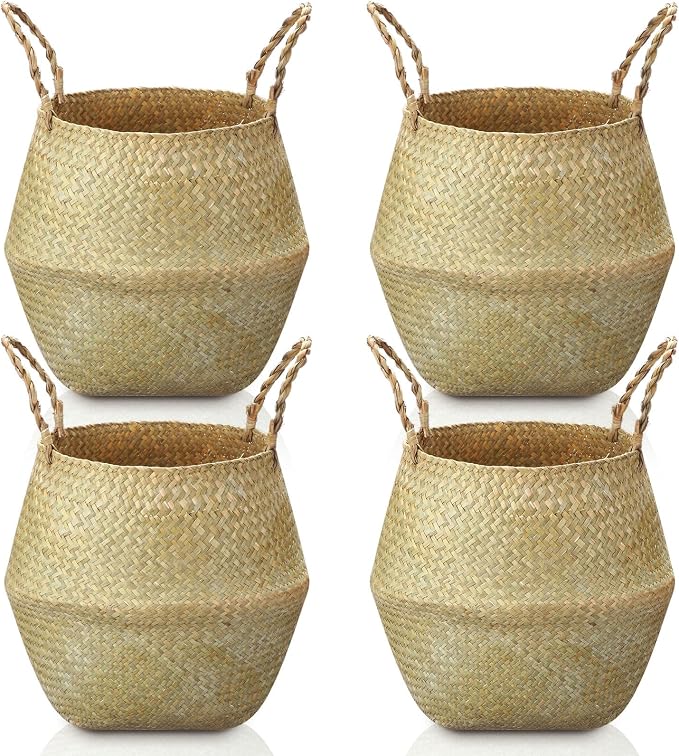 Qunclay 4 Pcs Woven Seagrass Baskets Belly Basket Folding Boho Natural Plant Pot with Handles Round Decorative Wicker Large Indoor Planter for Home Outdoor Tree Planters Decor (XL,12''dx13.8''h)