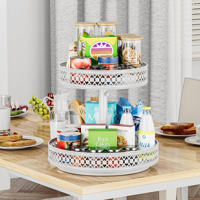 2 Tier Lazy Susan Organizer - Adjustable Rotating Spice Rack 12 inch | Floral Turntable Lazy Susan for Cabinet Pantry Kitchen Countertop Table Top Cupboard Bathroom Vanity Storage Metal White