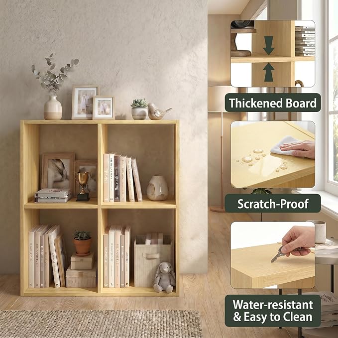 WannabeMyself【Sturdy Build&Easy Assembly】4 Cube Storage Organizer with Anti-Tipping Kits,Reversible Open Back Book Shelf, Bookcase for Living Room,Bedroom,Entrance Hall,Office,24.1×11.4×24.1,Oak Color