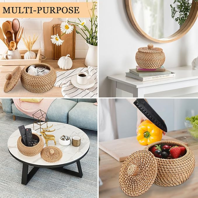 Hipiwe Round Rattan Basket Boxes With Lid Hand-Woven Wicker Storage Baskets Bin Decorative Basket Box Multi-Purpose Picnic Food Bread Basket Small Keys Basket Bowl for Entryway (X-Small,4.7"x3.3")