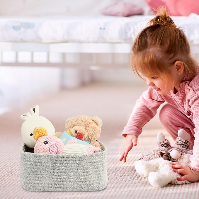 XUANGUO Small Woven Storage Baskets for Shelves, 13" x 9" x 5", Gray | Decorative rope storage bins for closets and toy storage; cute organizer baskets, empty gift baskets and nursery storage.