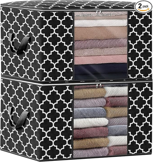 ISELIFE Storage Bags 100L 2-Pack Large Blanket Clothes Organization and Storage Containers for Bedding, Comforters, Foldable Organizer with Reinforced Handle, Clear Window, Sturdy Zippers, Black