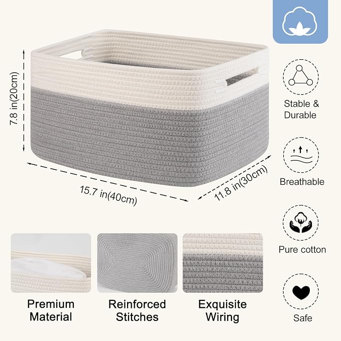 4 Pack Storage Baskets for Organizing, Woven Baskets for Shelves - Perfect for Toys, Books, Towels, and Clothes, Durable Gift Basket Bins Toy Storage, 15.7''Lx11.8''Wx7.8''H, Grey and White