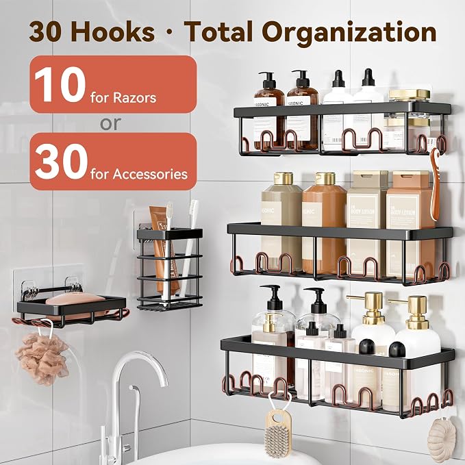 YASONIC Shower Caddy Adhesive, 100% Rustproof Shower Organizer with Soap and Toothbrush Holder, Large Capacity Shower Shelves for Inside Shower, No Drill Shower Storage for Home (5 Pack Black)