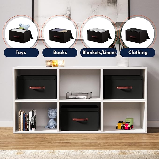 Ornavo Home 6 Pack Collapsible Storage Bins with Lid, 16.5x11.8x7.5, Black | Foldable Linen Fabric; Faux Leather Handles; Ideal Closet Organizer & Large Storage Box for Clothes and Shelves