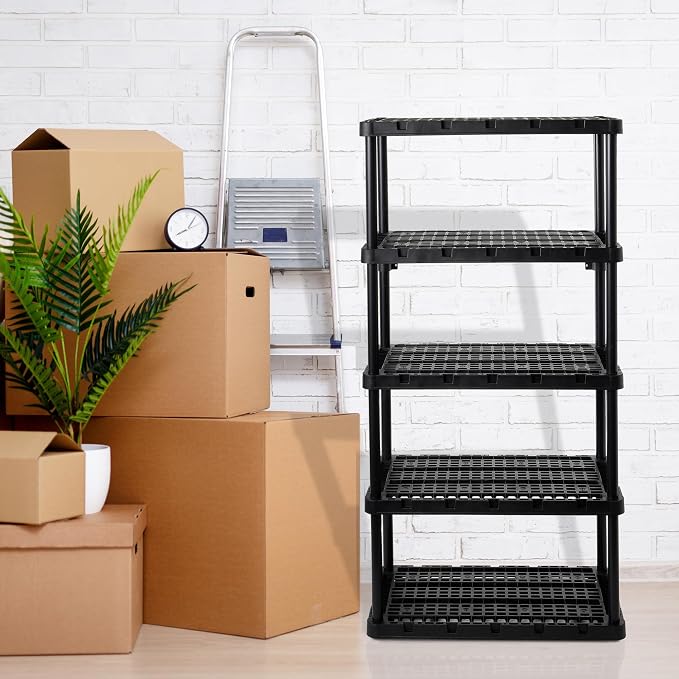 Gracious Living 5-Shelf Plastic Storage Shelves, Heavy-Duty Garage Shelving Unit, Black - Standing Organizer Rack for Kitchen, Bathroom, and Laundry Room