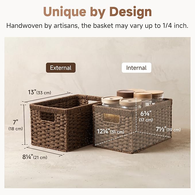 StorageWorks Round Paper Rope Storage Baskets, Rectangular Wicker Baskets with Built-in Handles, Medium, 2-Pack