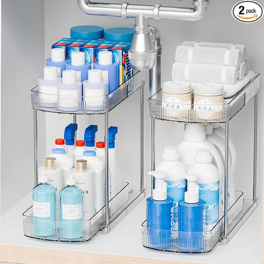 2 Pack Large Pull Out Bathroom Organizers and Storage,2 Tier 12.8″ Tall Sliding Kitchen Under Sink Organizer for Cleaning Products Storage,Acrylic Clear Bathroom inder Sink Organizer,Undersink Storage