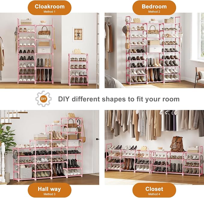 WOWLIVE 9 Tier 3-Column Shoe Rack, 50-55 Pairs Stackable Pink | 50in long for larger entryways. Removable shelves fit tall boots. Split into multiple units for garage/closet.