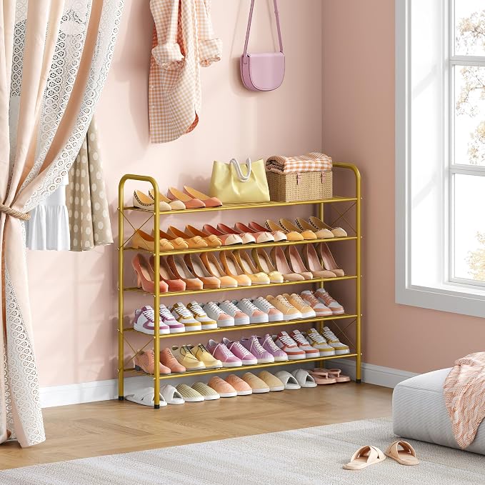 Hoctieon 5 Tier Shoe Rack for Closet, Durable Mesh Style Shoe Rack, Entryway Shoe Shelf, Shoe Storage Organizer for Hallway, Bedroom, Living Room, Wardrobe, Gold