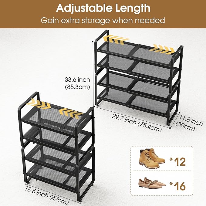 SAYZH Expandable Shoe Rack for Closet, Adjustable Metal Shoe Organizer with Sturdy Mesh Shelves for Boots & Heels, Stackable Shoe Storage for Entryway, Garage, Small Spaces (Black, 4-Tier)