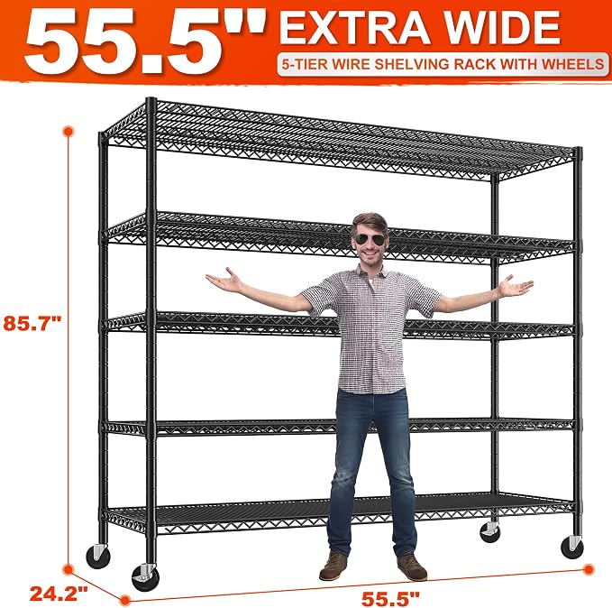 REIBII 85.7" H Storage Shelves 2998LBS Metal Shelving Unit with Wheels & Feet, 5 Tier Garage Shelving Heavy Duty Adjustable Wire Shelf for Pantry Kitchen Garage, 85.7" H X 55.5" W X 24.2" D, 2PCS