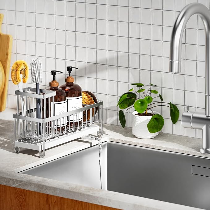 Cisily Sponge Holder for Kitchen Sink, Sink Caddy Organizer with High Brush Holder, Kitchen Countertop Organizers and Storage Essentials, Rustproof 304 Stainless Steel (Large Silver, 10.62″)