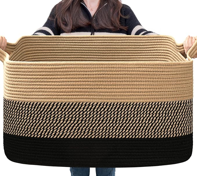Goodpick Wicker Blanket Basket, Rectangle Storage Organizer, Black Jute | 21.6 x 14.9 x 11.8 in, Reinforced Handles, Living Room, Bedroom & Nursery Organization, Blankets, Clothes & Toys Storage