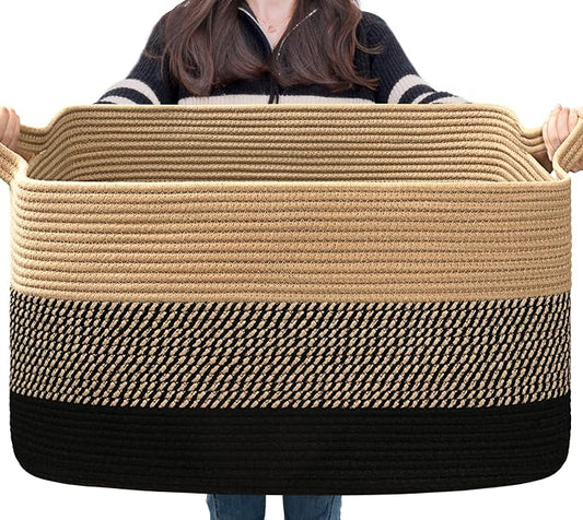 Goodpick Wicker Blanket Basket, Rectangle Storage Organizer, Black Jute | 21.6 x 14.9 x 11.8 in, Reinforced Handles, Living Room, Bedroom & Nursery Organization, Blankets, Clothes & Toys Storage