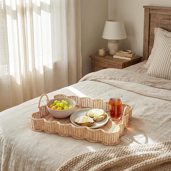 GRANNY SAYS Scalloped Edge Rectangle Wicker Serving Tray, Coffee Table Tray, Serving Trays with Handles, Decorative Tray for Entryway, Coffee Table, Woven Tray for Serving, 15 ¾"×11 ½"×2 ¼"