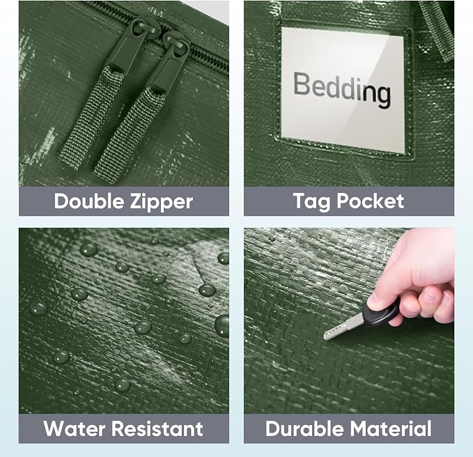 TICONN 6 Pack Extra Large Moving Bags Heavy Duty with Zippers & Carrying Handles, Durable Storage Bags Moving Boxes for Closet Organizers and Storage (6 Pack, Olive)
