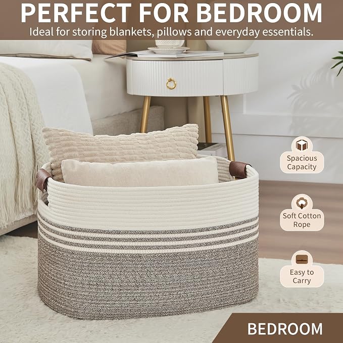 Laundry Hamper with Handles, 72L Rope Laundry Basket, Brown | Cotton rope clothes hamper with leather handles holds blankets, pillows, toys and laundry in nursery, bedroom or living room