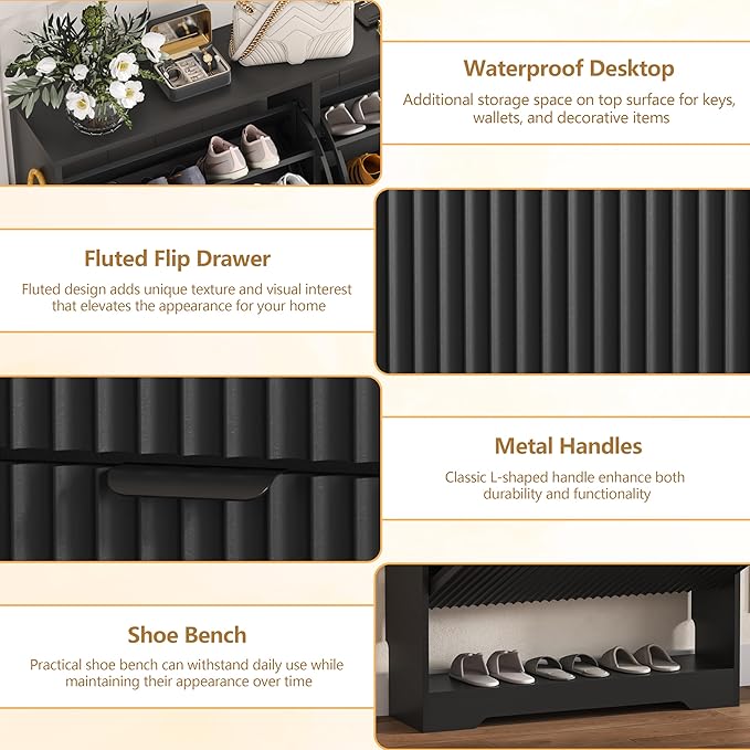 HUANLEGO Shoe Cabinet Storage for Entryway with 2 Flip Drawers, Black Fluted Shoe Cabinet with Open Storage, Wooden Hidden Shoe Rack Freestanding Narrow Slim Shoes Organizer for Hallway, Entrance