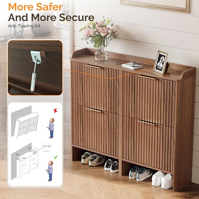 VINGLI 43.5" Large Shoe Storage Cabinet with 4 Fluted Flip Drawers, Slim Entryway Shoe Organizer with Curved Side Panels, Walnut Wood Shoe Rack for Hallway, High Capacity Hidden Shoe Shelf for Boots
