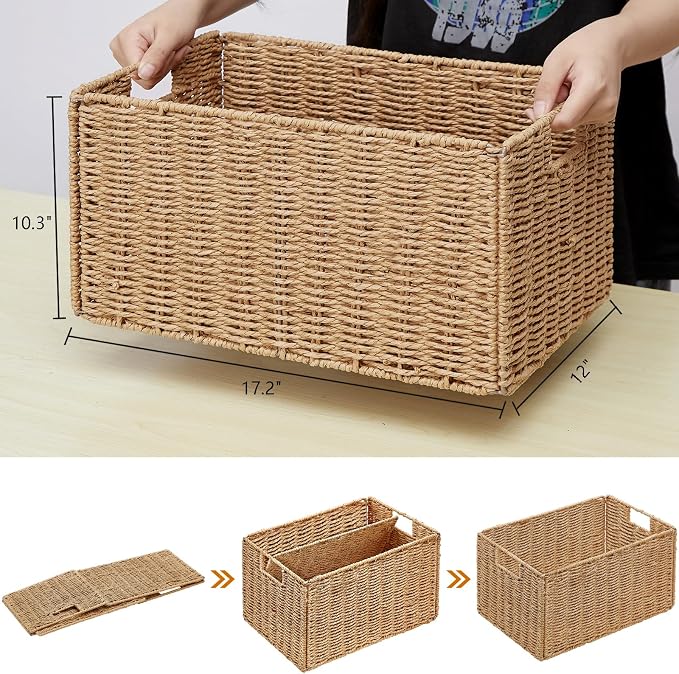 Vagusicc Wicker Storage Basket, Set of 2 Hand-Woven Paper Rope Wicker Basket, Small Storage Baskets for Organizing Toilet Paper Basket, Foldable Large Cube Storage Organizer Bins for Shelves (Natural)