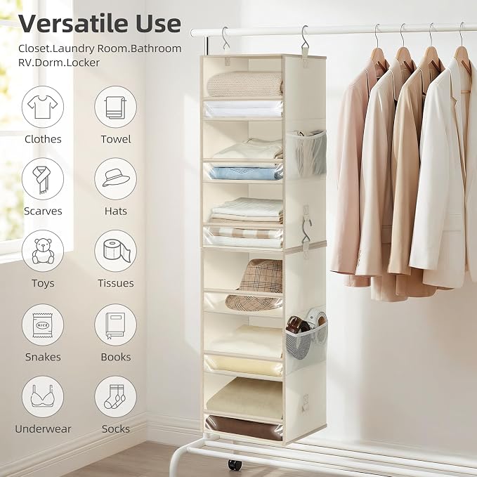 STORAGE MANIAC 6-Shelf Hanging Closet Organizer and Storage, 2 Separable 3-Shelf Haning Organizers for Closet, Collapsible Hanging Shelves Wardrobe Organization, College Dorm Room, Nursery, Beige
