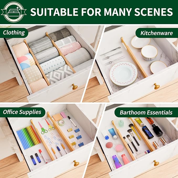 Dunruz Bamboo Drawer Dividers 2.6" High,17"-20" Adjustable Spring Loaded Clothes Drawer Organizers for Kitchen, Dresser, Bathroom, Bedroom and Office