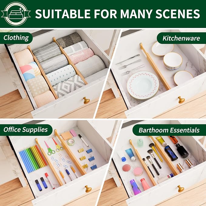 Dunruz Bamboo Drawer Dividers 2.6" High,17"-20" Adjustable Spring Loaded Clothes Drawer Organizers for Kitchen, Dresser, Bathroom, Bedroom and Office