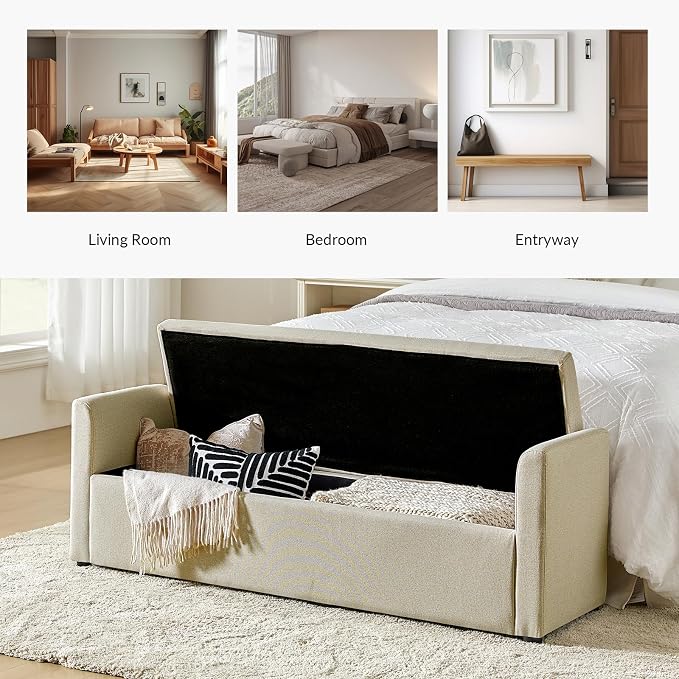 HULALA HOME 59" Storage Bench with 2 Throw Pillows & Armrests, Beige | Modern Long Bedroom Bench for End of Bed, Comfy Upholstered Fabric Footstool for Entryway Living Room