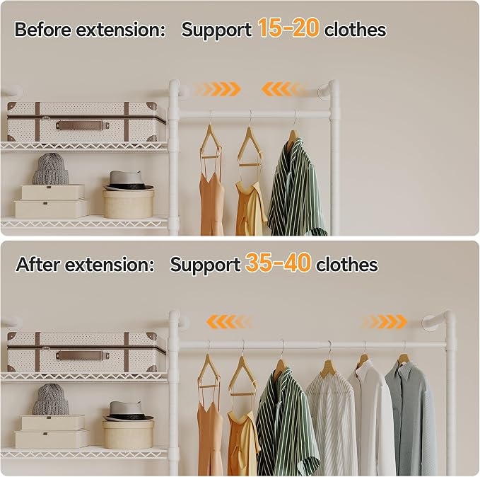 Higeego W3 Wall Mounted Clothes Rack, Industrial Pipe Clothing Rack, White | Wall Mounted Closet Organizer, Expandable Hanger Rods, Adjustable Closet Shelving, Heavy Duty Closet Rack