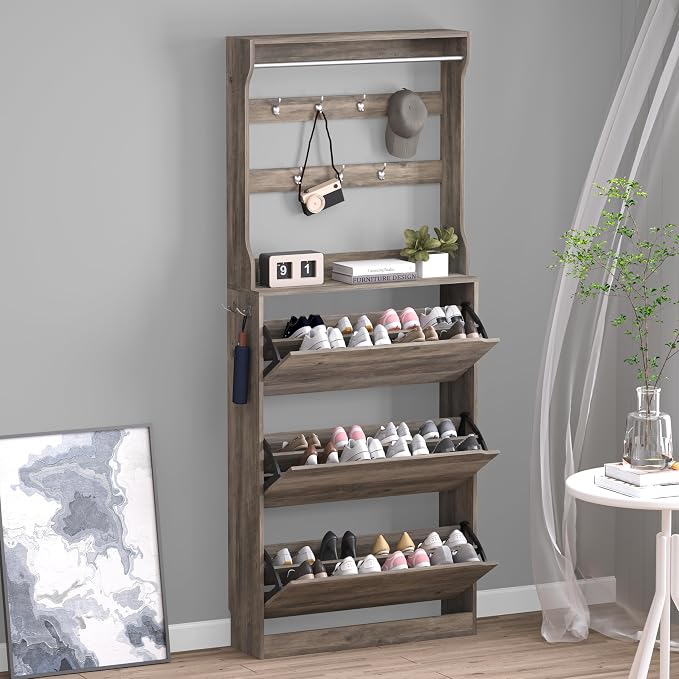 BORNOON Shoe Cabinet with 3 Flip Drawers & Coat Rack, Narrow Hidden Shoe Storage Cabinet, 2-in-1 Hall Tree Slim Freestanding Shoe Rack Organizer for Entryway, Hallway, and Living Room