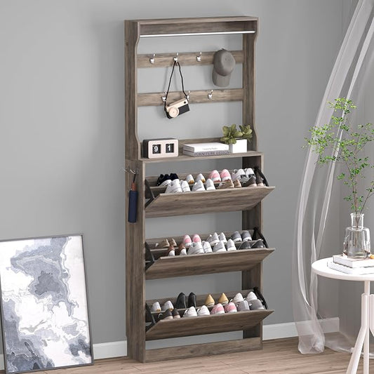 BORNOON Shoe Cabinet with 3 Flip Drawers & Coat Rack, Narrow Hidden Shoe Storage Cabinet, 2-in-1 Hall Tree Slim Freestanding Shoe Rack Organizer for Entryway, Hallway, and Living Room