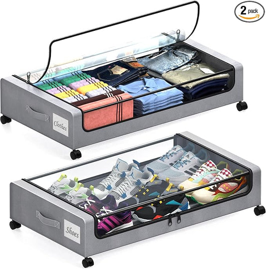 Under Bed Storage with Wheels, 2 Pack Under Bed Storage Containers with Clear Lids, XXL 65L Under Bed Storage Organizer, Rolling Under Bed Metal Drawer for Blanket, Clothes, Shoes (31 x 17 x 6.69 in)