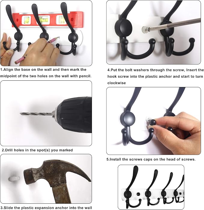 WEBI Coat Rack Wall Mounted,4 Coat Hooks for Hanging Coats,Hook Rack Rail Coat Hanger Wall Coat Rack with Hooks for Clothes,Black,2 Packs