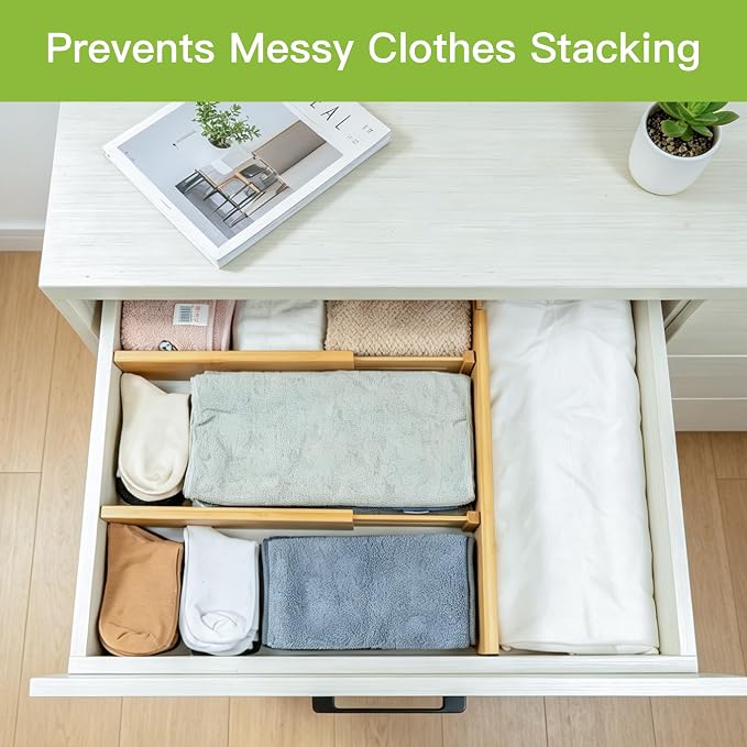 Utoplike Bamboo Dresser Drawer Dividers, Expandable Organizer for Clothing | Adjustable 3.2" High Drawers Separators for Kitchen, Bathroom, Bedroom, Office Storage, 4Pcs, Fit 13.5"-16" Inner Drawer