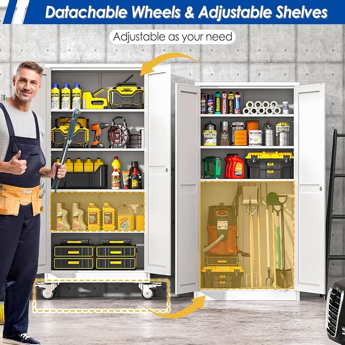 GAIOUS Metal Garage Storage Cabinet with Lock, Steel Tool Cabinet with 2 Door and 4 Adjustable Shelves, 71” Tall Lockable File Cabinet with Wheels, Rolling Cabinet for Home Office Garage Gym - White