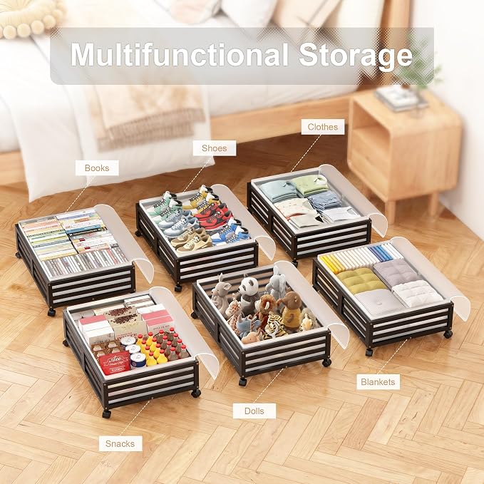 Under Bed Storage with Wheels, 2 Pack Bamboo Drawers for Shoes and Clothes | Fitted dustproof bags, stackable design, smooth pullout access for bedding, blankets, toys and seasonal essentials