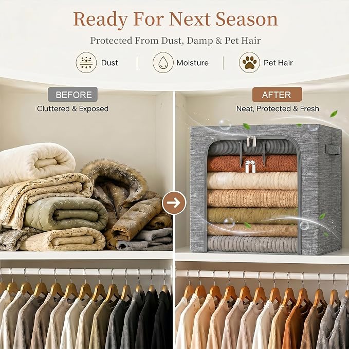 GoMaihe Blanket Storage Bins with Metal Frame for Closet, 55L 6-Pack Grey | Clothing Bedding Winter Coat Comforters , Closet Top Shelf, Collapse-Proof Stackable, See Through, Dual Access Space Saving