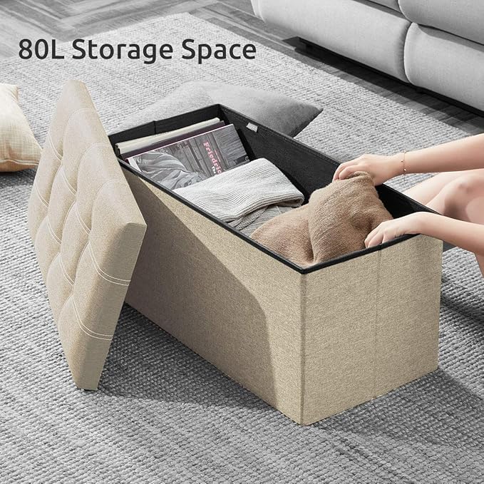 YOUDENOVA 30" Linen Ottoman with Storage, Folding Bench, Beige | Foldable linen ottoman with hidden storage, padded seat and sturdy frame for living room or bedroom.
