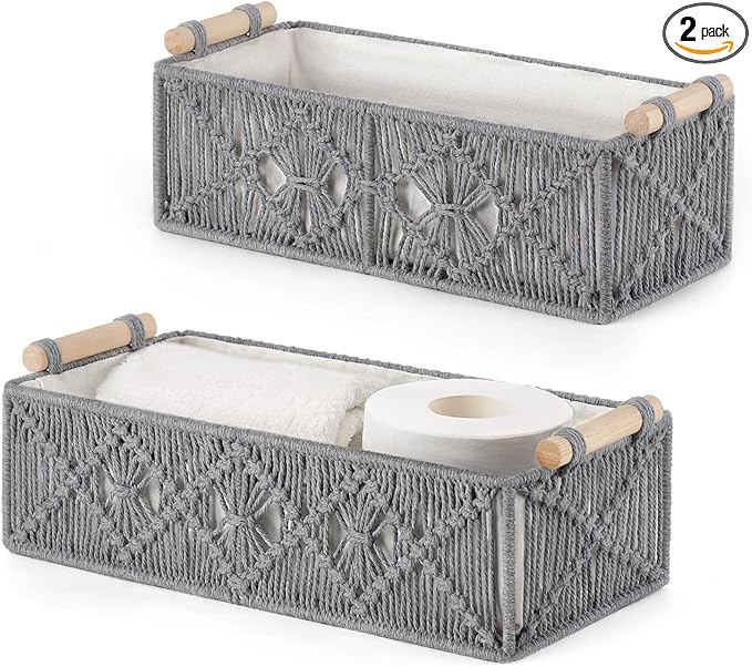 Mkono Macrame Storage Baskets Boho Decor Box Handmade Woven Decorative Countertop Toilet Tank Shelf Cabinet Organizer for Bedroom Livingroom Home, Set of 2, Grey | Small Baskets for Organizing, Hand-Woven, Bohemian Beach Coastal Decor, Shelf Vanity Cab...