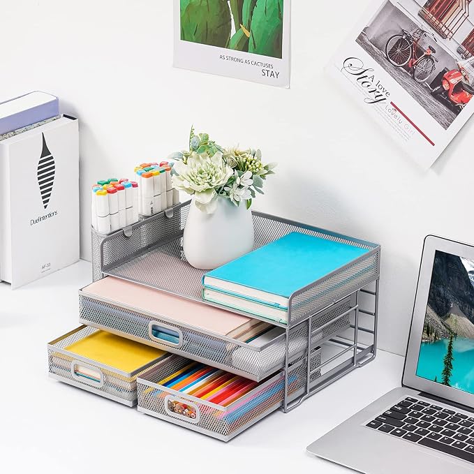 Marbrasse 3 Tier Desk Organizer with Drawer and 2 Pen Holder, Silver | Paper Tray Organizer, File Holder for Desk, Metal Mesh Office Organization for Home Office Supplies