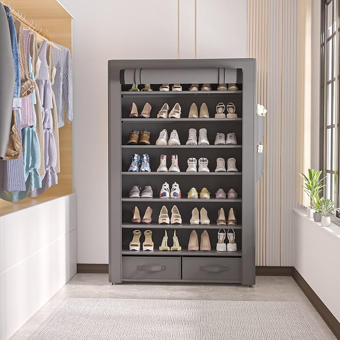 OYREL Dustproof Shoe Rack with Cover Two Bins 32 Pairs Storage Organizer | Closet Cabinet Large Free Standing Shoe Racks Vertical Shoe Shelf Tall Vertical Boot Holder Stand