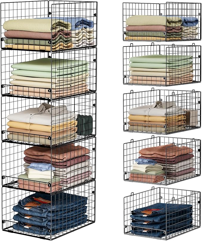 5-Tier Stackable Closet Storage Baskets, Closet Organizers and Storage Shelves, Foldable & Stackable Clothes Storage Bins for Closet System, Closet Shelf Organizer for Home,Black(Patent No. 30022416)