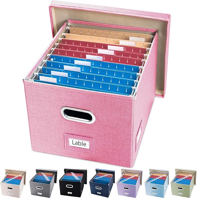 File Organizer Box - Set of 1 Collapsible Decorative Linen Filing Storage Hanging File Folders with Lids Office Cabinet Letter/Legal Pink (17x14x11.2 inch)