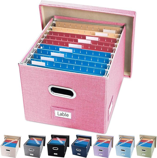 File Organizer Box - Set of 1 Collapsible Decorative Linen Filing Storage Hanging File Folders with Lids Office Cabinet Letter/Legal Pink (17x14x11.2 inch)