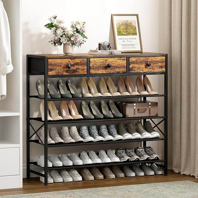 5 Tier Shoe Rack with 3 Drawers Rustic Brown | Holds 24-30 pairs. 3 drawers for accessories. Fabric shelves keep shoes dust-free. Quick 20-min assembly.