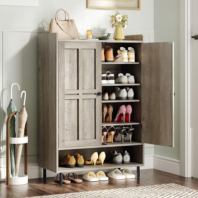 ONBRILL Shoe Cabinet with Cross Molding Doors, 6-Tier Shoe Storage Cabinet with 3 Adjustable Shelves and Metal Legs, 45'' Tall Shoes Rack Organizer Cabinet for Entryway, Front Door, Gray Wash
